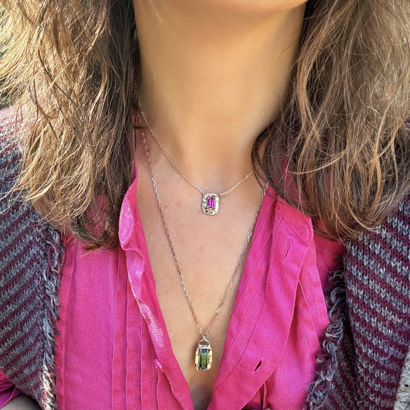 Rose gold necklace ”Venetian mirror” with bright pink tourmaline