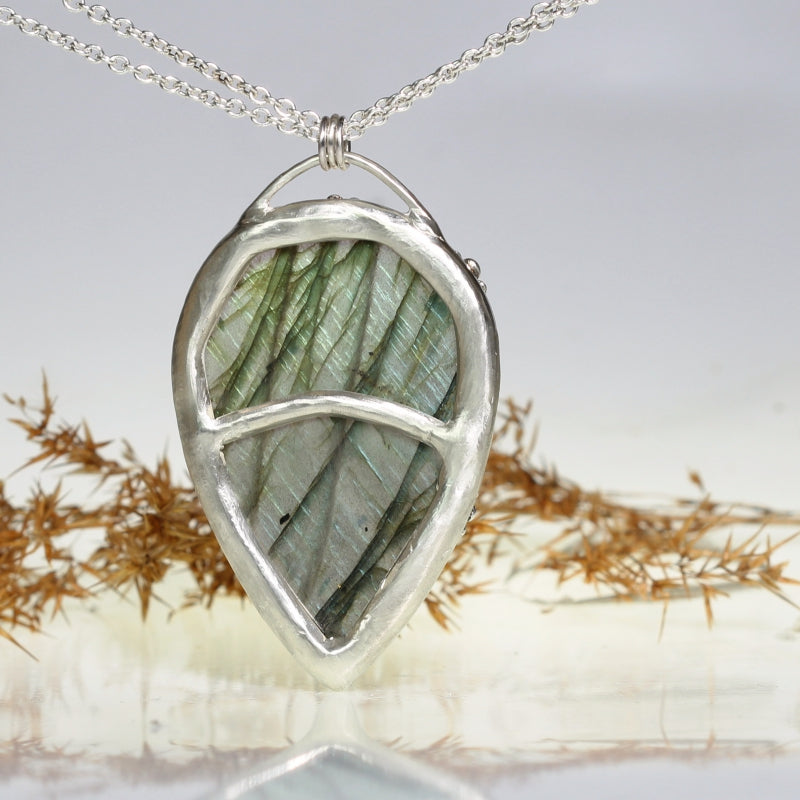 Necklace with big green labradorite - pear shape