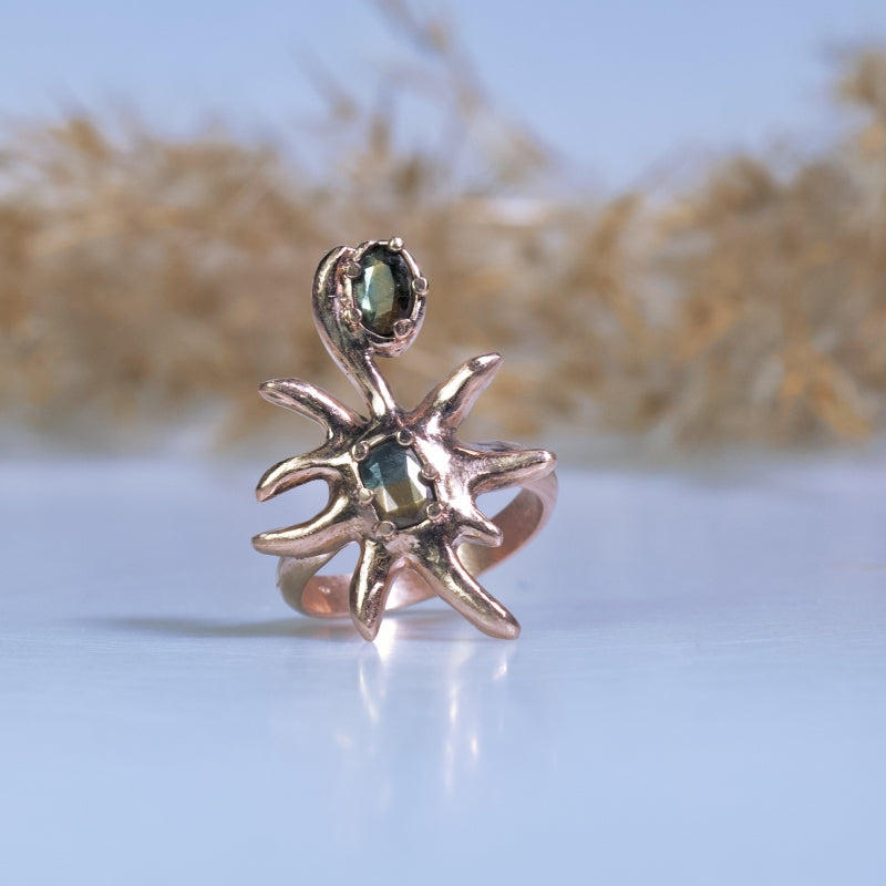 Rose gold ring Sun with Gold Sheen sapphire