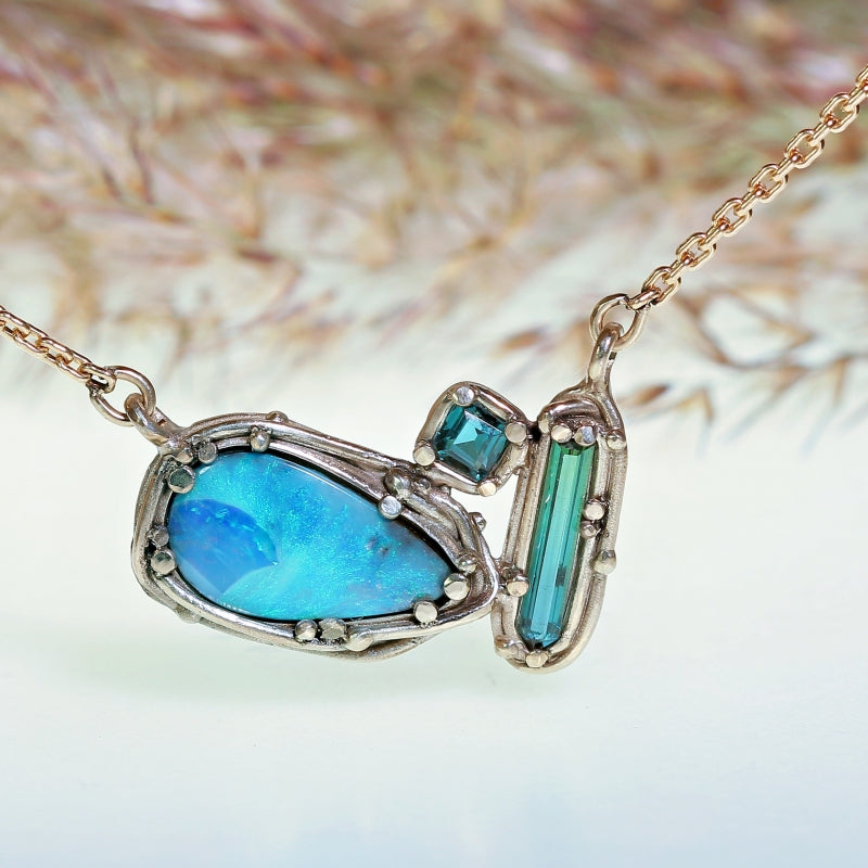 White gold necklace with Boulder opal and tourmalines