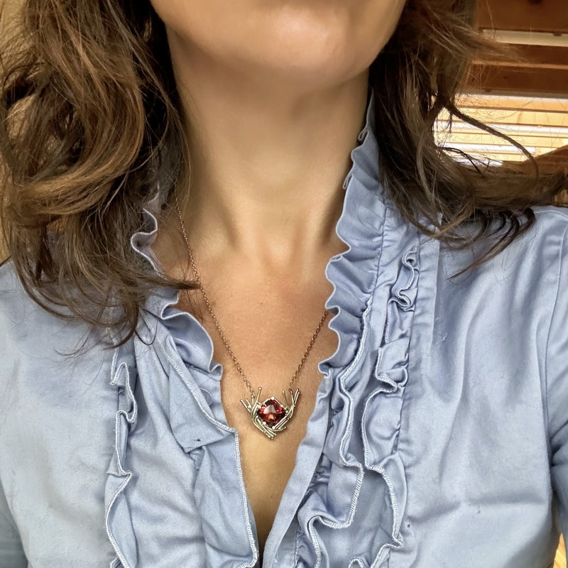 Gold necklace with big square red rare Oregone sunstone
