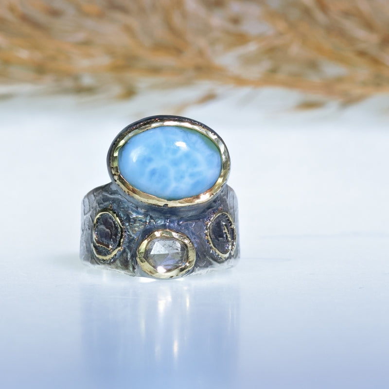 Wide ring with larimar and spinel