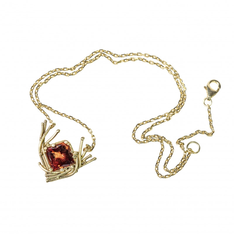 Gold necklace with big square red rare Oregone sunstone
