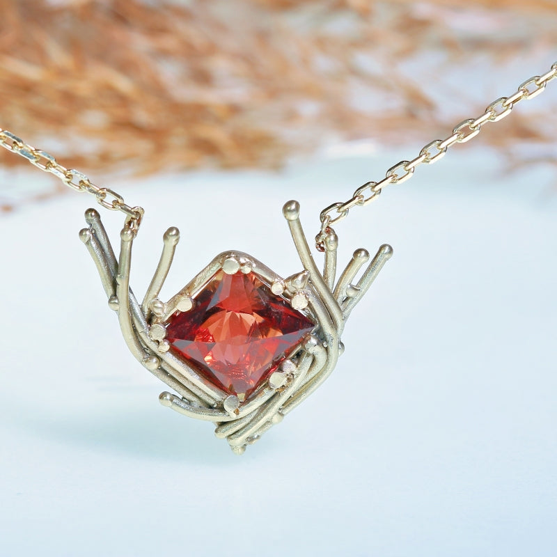 Gold necklace with big square red rare Oregone sunstone