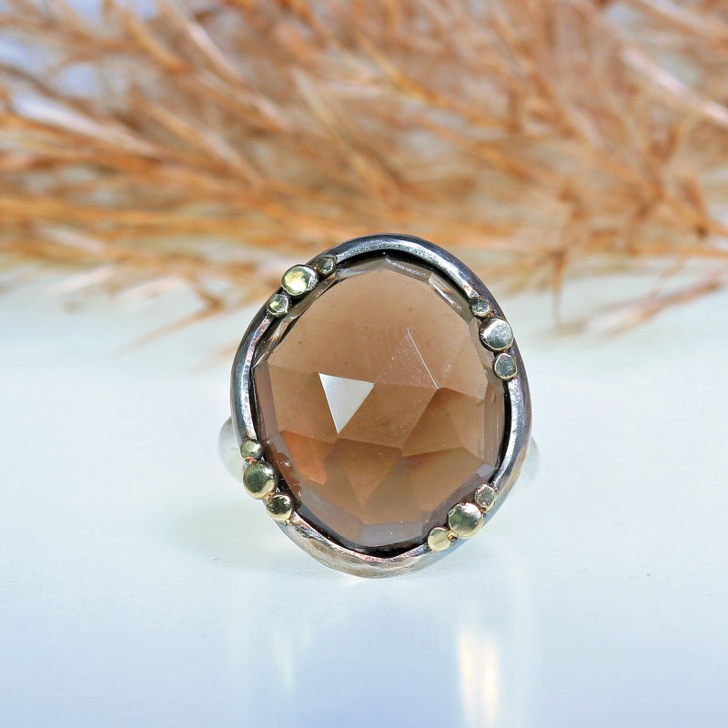 Ring with big smoky quartz in rose cut