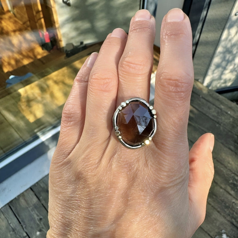 Ring with big smoky quartz in rose cut