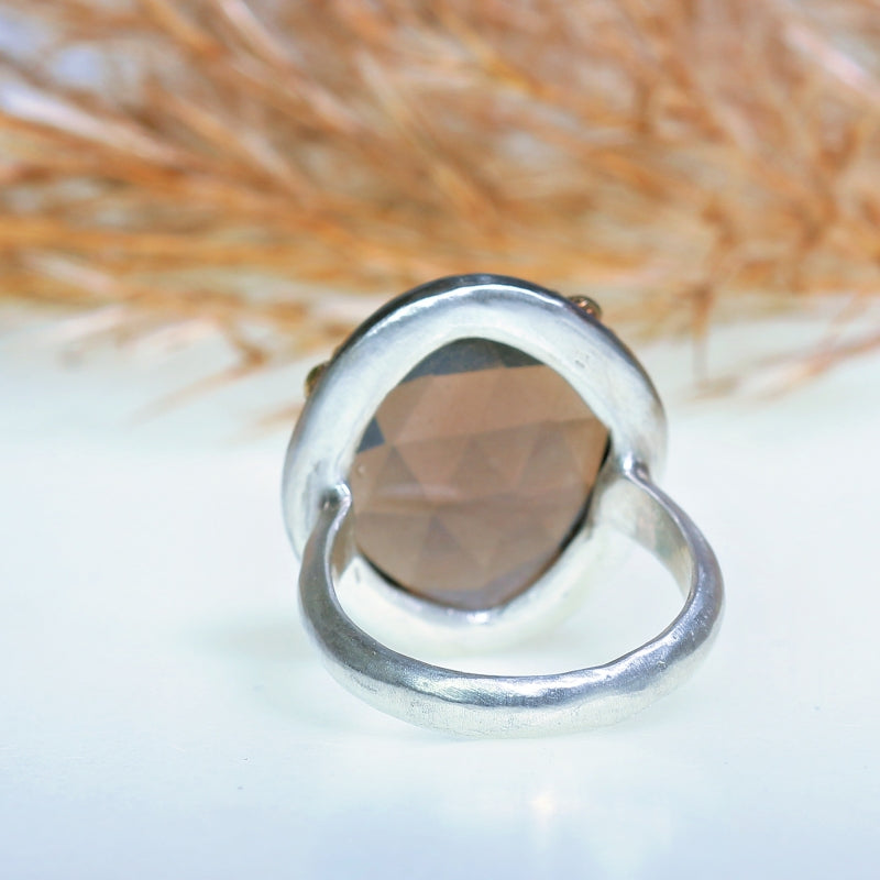 Ring with big smoky quartz in rose cut