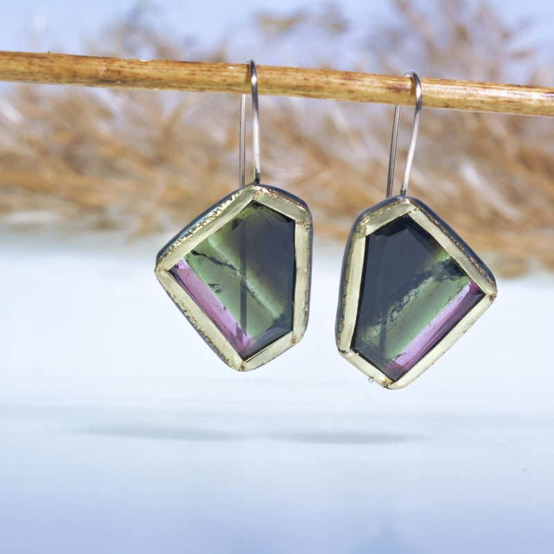 Earrings with green-pink geometric shape tourmalines