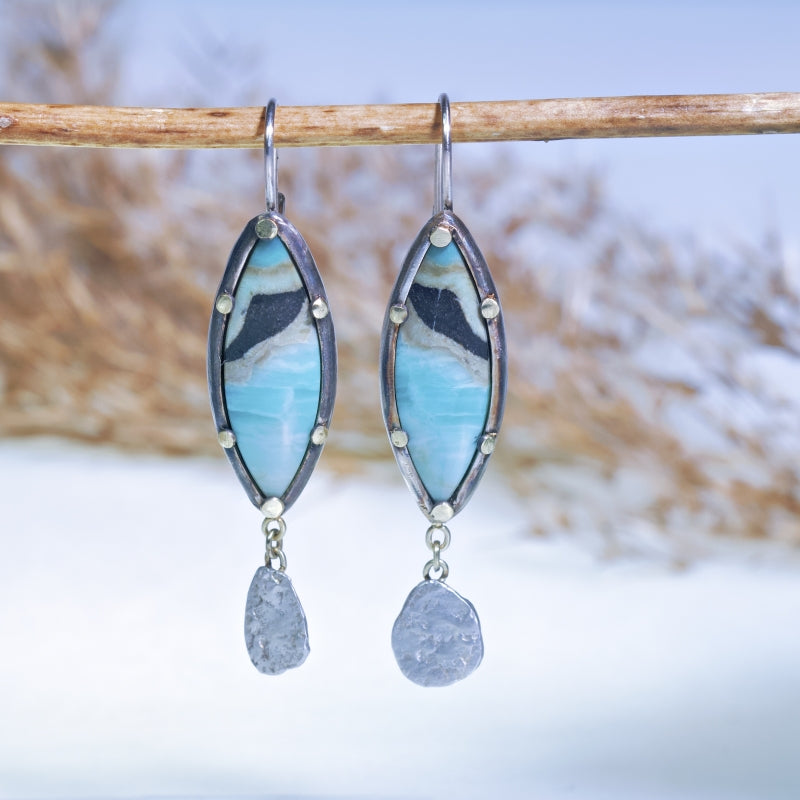 Earrings with Indonesian opalized wood and silver fringe