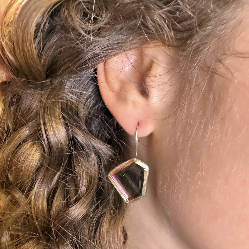 Earrings with green-pink geometric shape tourmalines