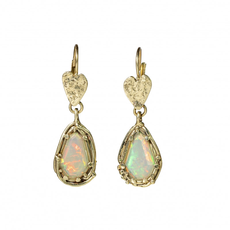 Gold earrings with opals and hearts