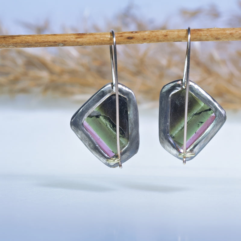 Earrings with green-pink geometric shape tourmalines