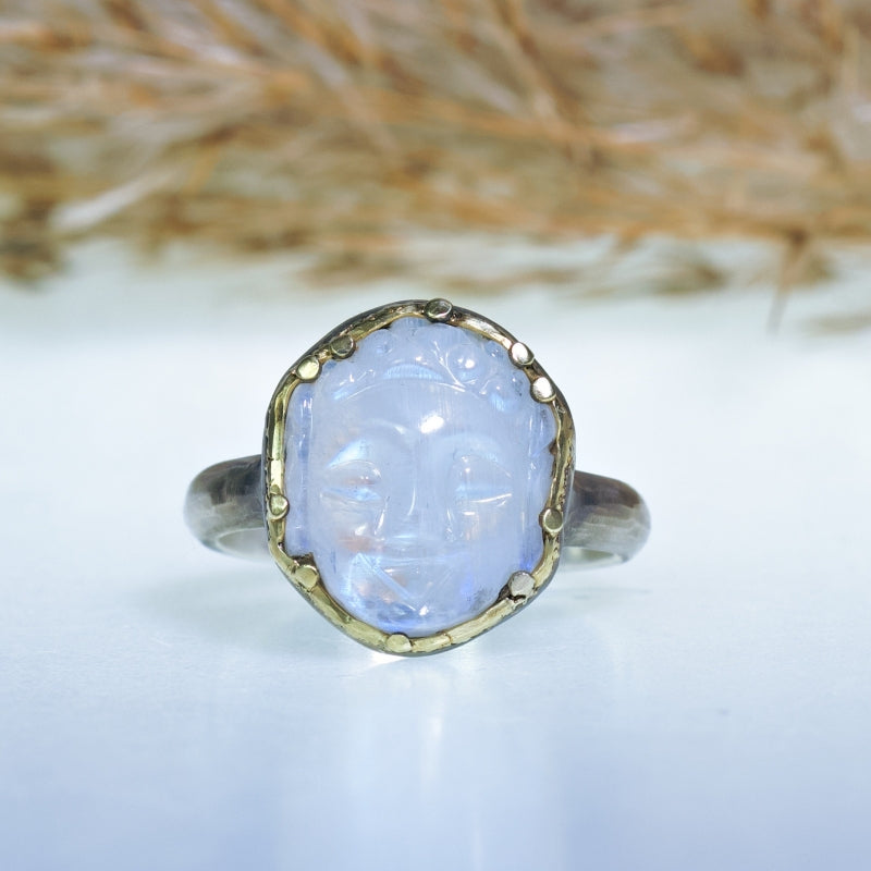 Buddha ring with rainbow moonstone