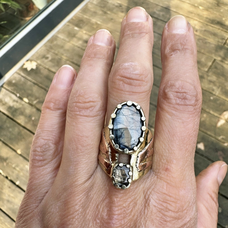 Wide gold ring with Gold Sheen sapphire