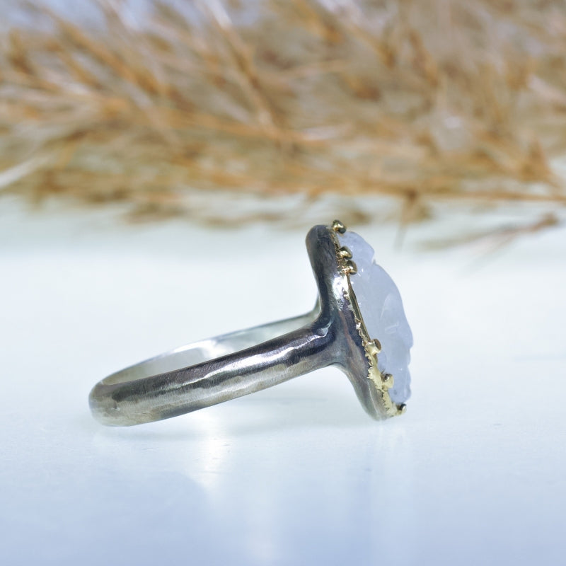 Buddha ring with rainbow moonstone