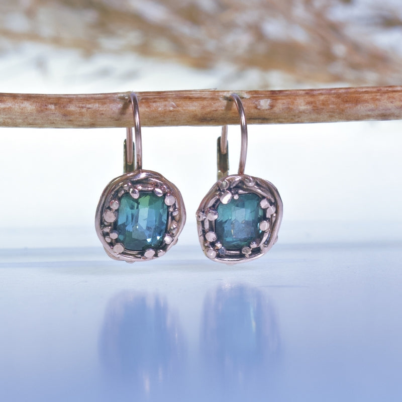 Rose gold hanging earrings with green tourmalines