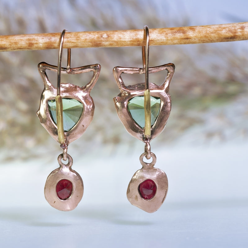 Gold earrings with moldavites and Czech garnets - rose gold