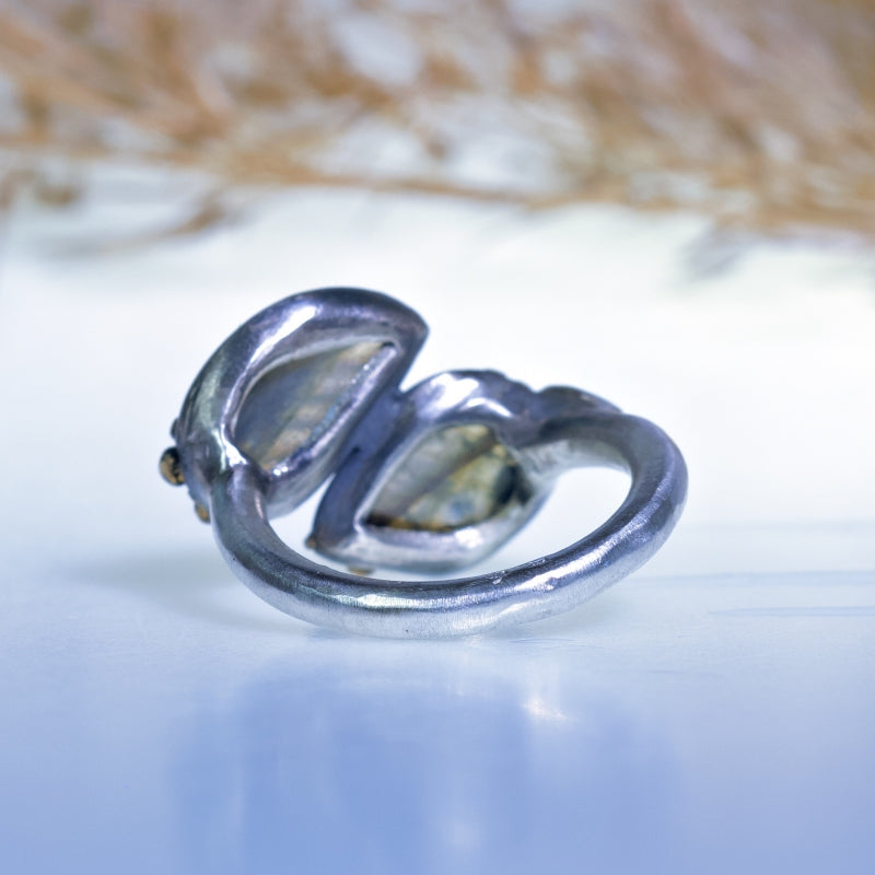Ring with two labradorite leaves