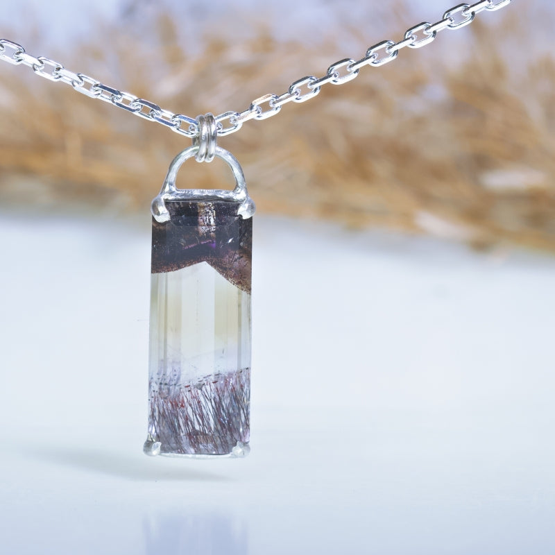 Long necklace with rectangle rutile crystal quartz