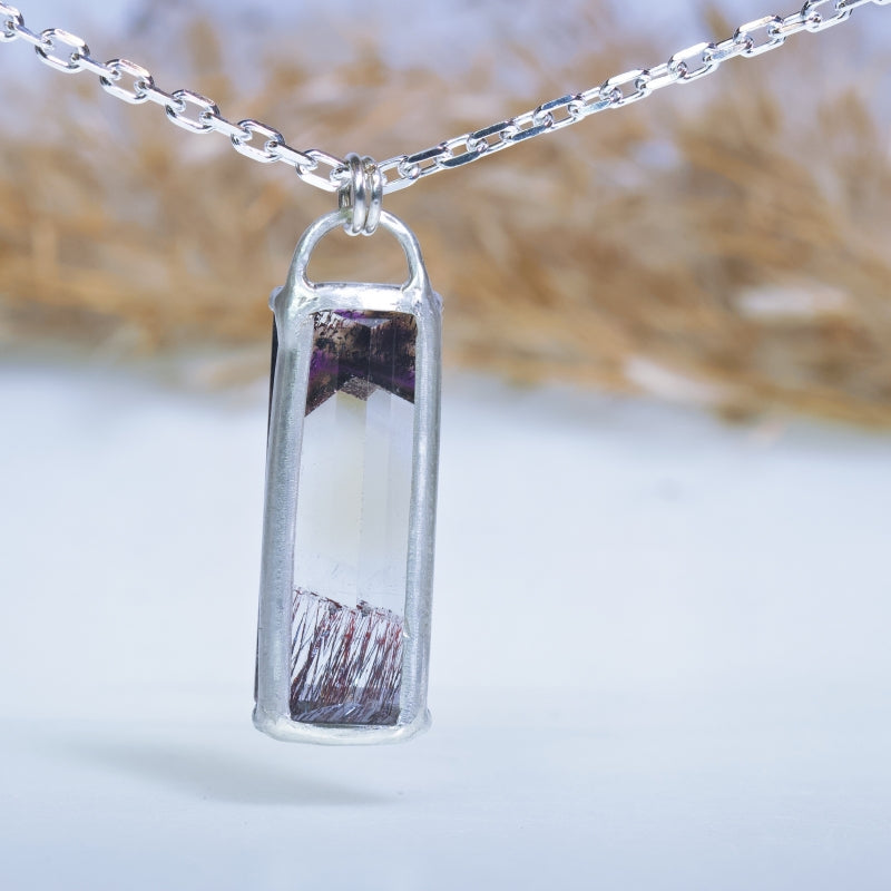 Long necklace with rectangle rutile crystal quartz