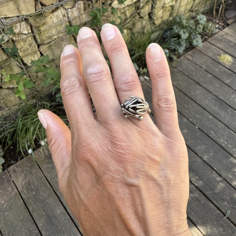 ring "flower bud" with bohemian garnet
