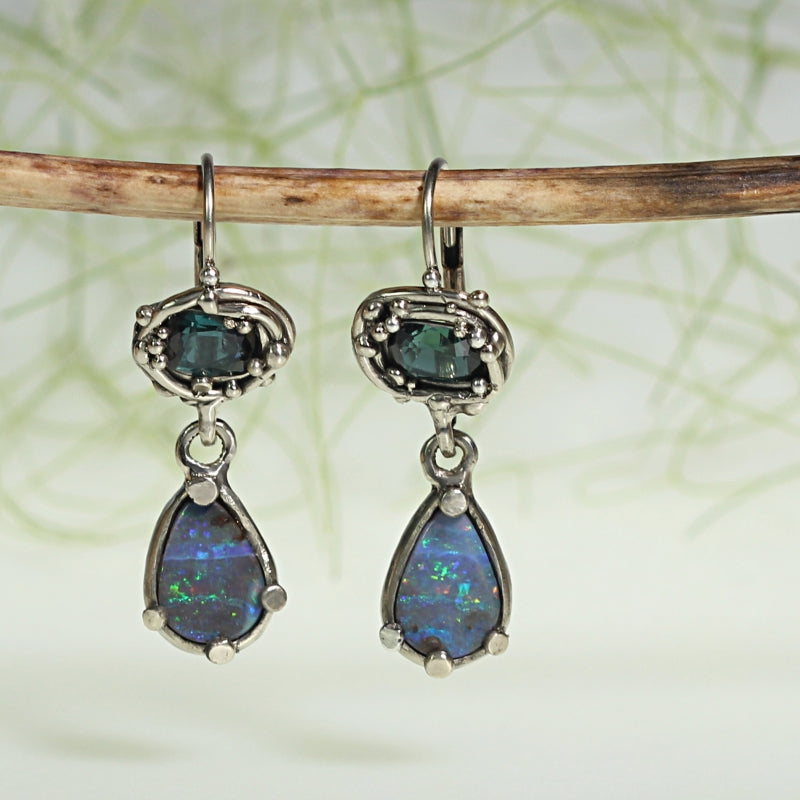 White gold earrings with opals and tourmalines
