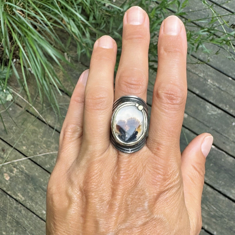 Ring with big dendritic agate