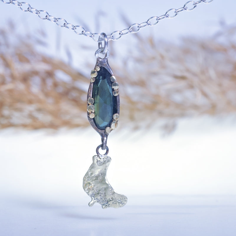 Necklace with teal tourmaline and gold half moon