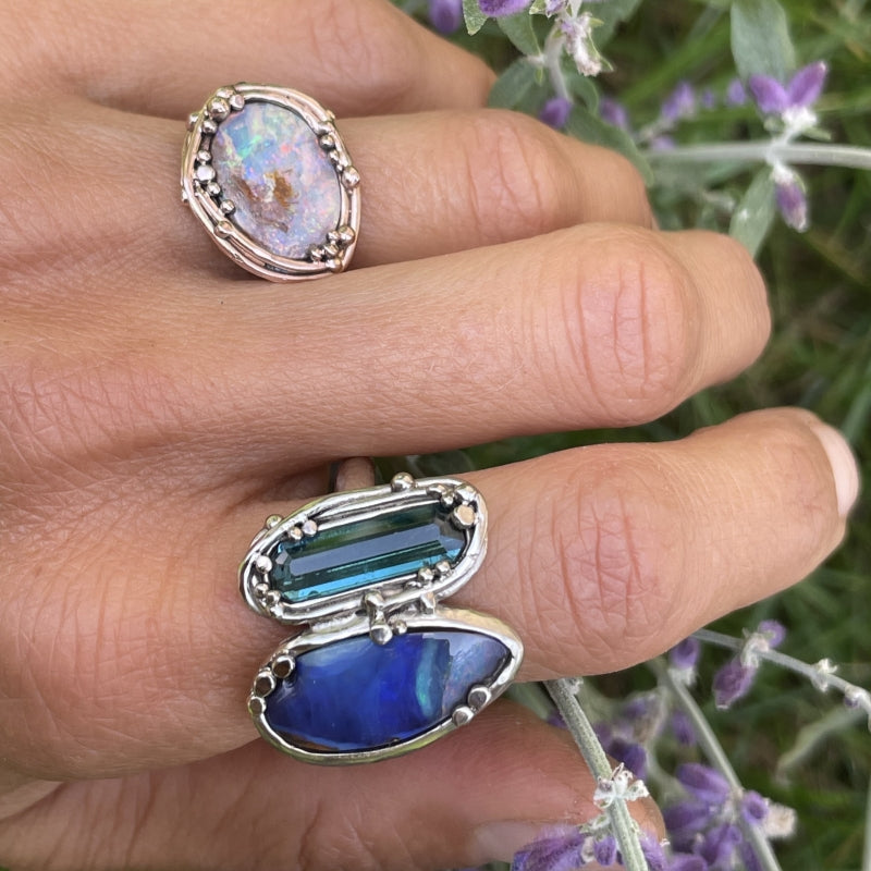 White gold ring Boulder opal and tourmaline