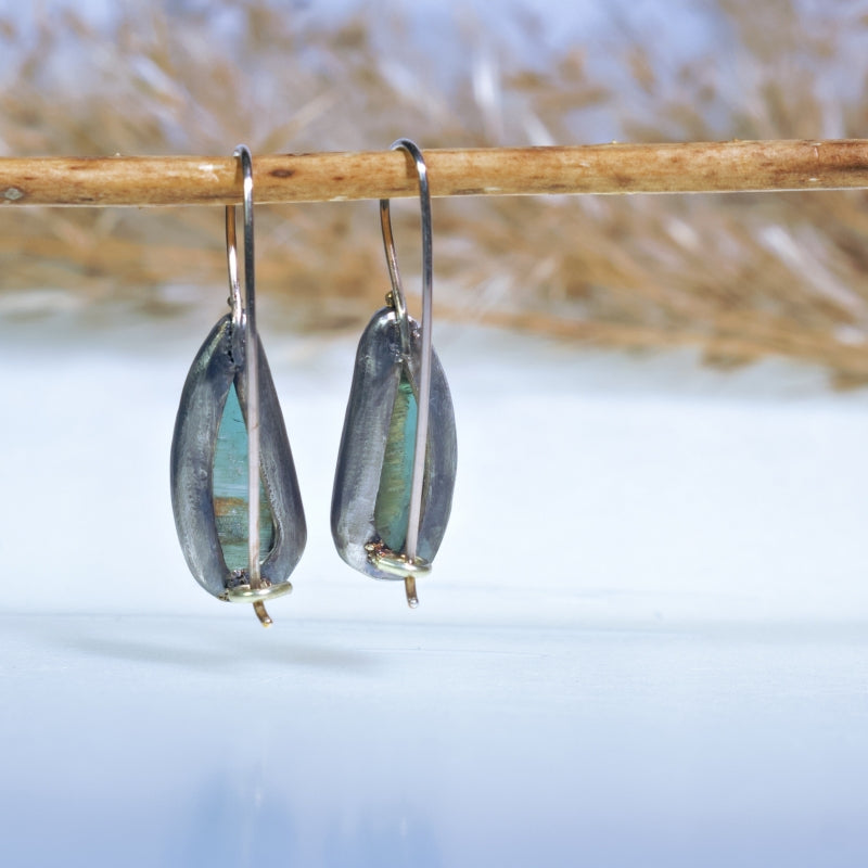 Hanging earrings with green long drop tourmalines