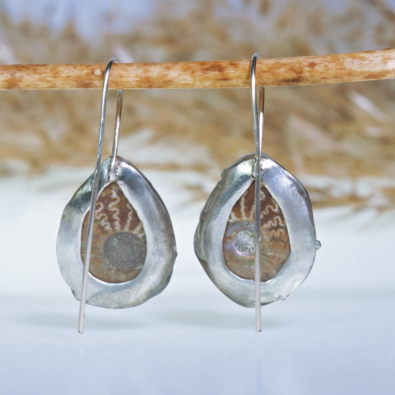 Drop earrings with ammonite with turquoise inlay