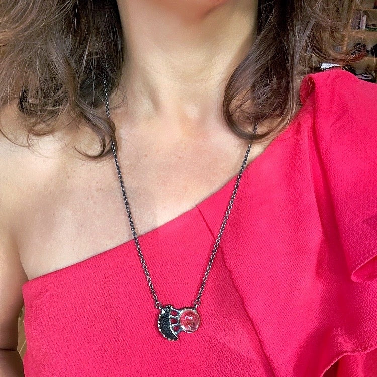 Necklace with moon shape moldavit and sagenit