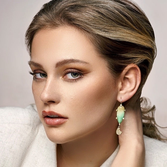 Hanging earrings with Indonesian opal wood and gold pendant