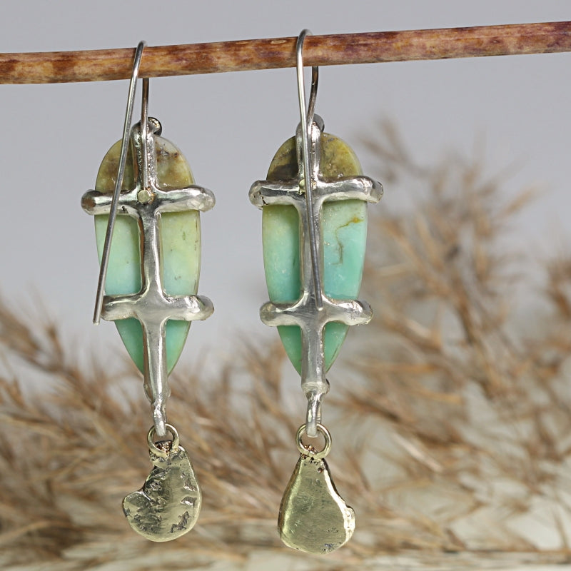 Hanging earrings with Indonesian opal wood and gold pendant